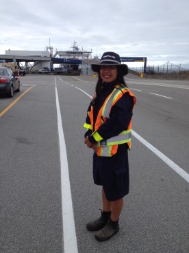 Her job is Terminal Attendant at BC Ferries. She's a single mom who likes her job. Benefits are good.